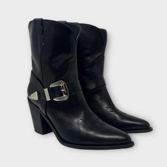 PARTLOW Charlotte Leather Buckle Western Booties In Nero Size 42 - Picture 1 of 14